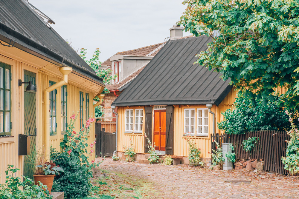 Idyllic yellow houses with hollyhocks at Hotel Torekov. Idylliska gula hus med stockrosor vid Hotell Torekov.
