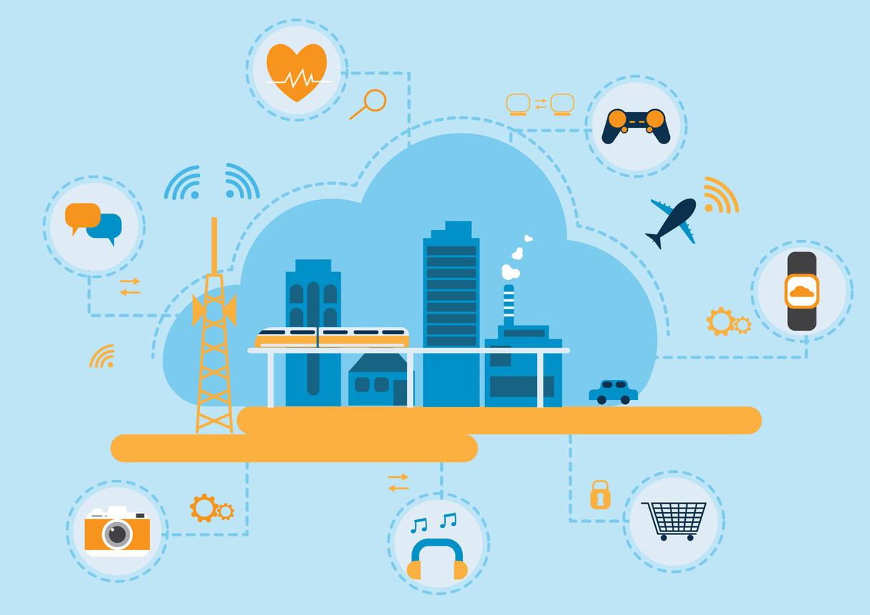 Blue and orange technical illustration including computer clouds, houses, aeroplanes and trains. Blå och orange teknisk illustration med bland annat datormoln, hus, flygplan, och tåg.